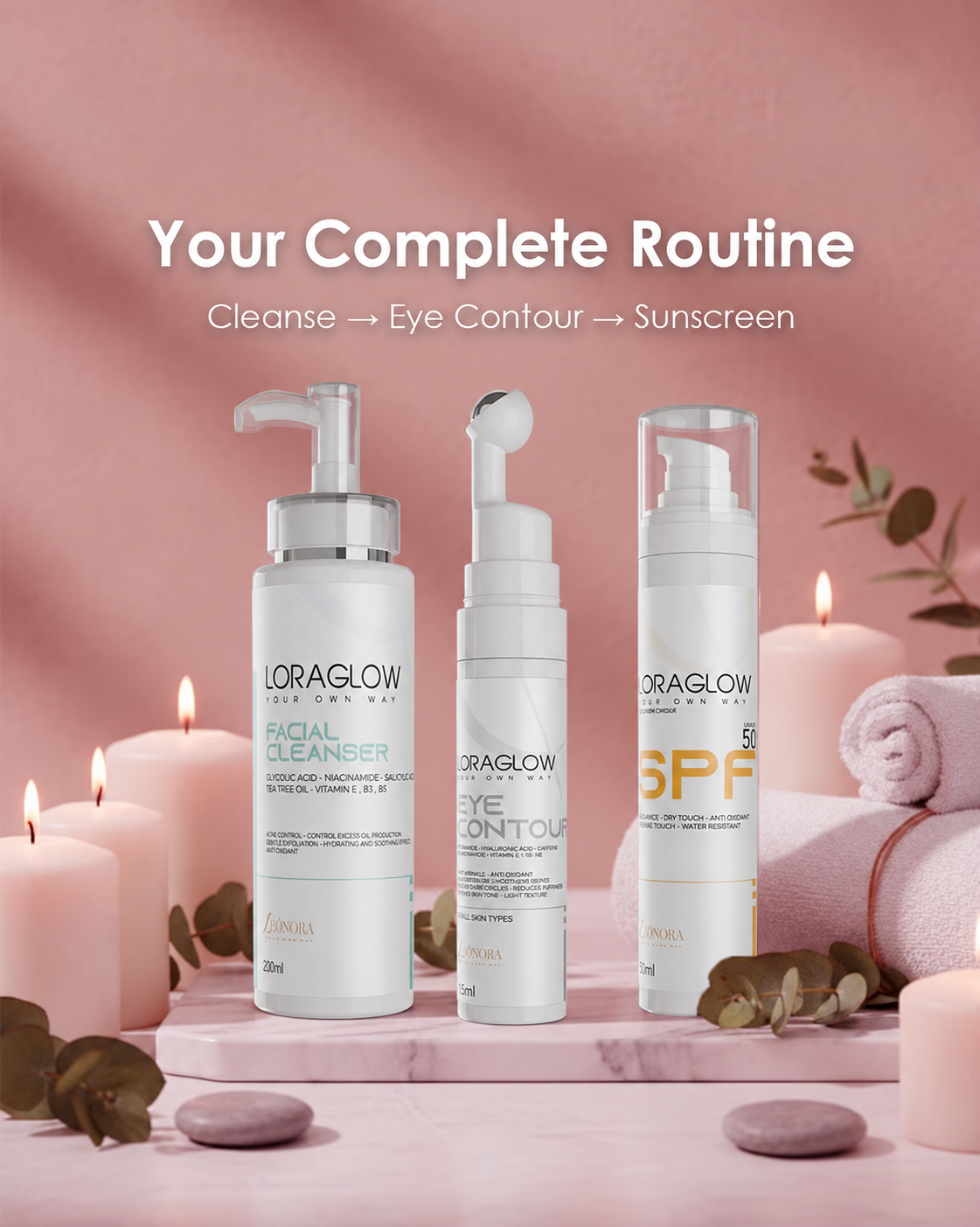 Lora Glow facial cleanser, eye contour cream and sunscreen